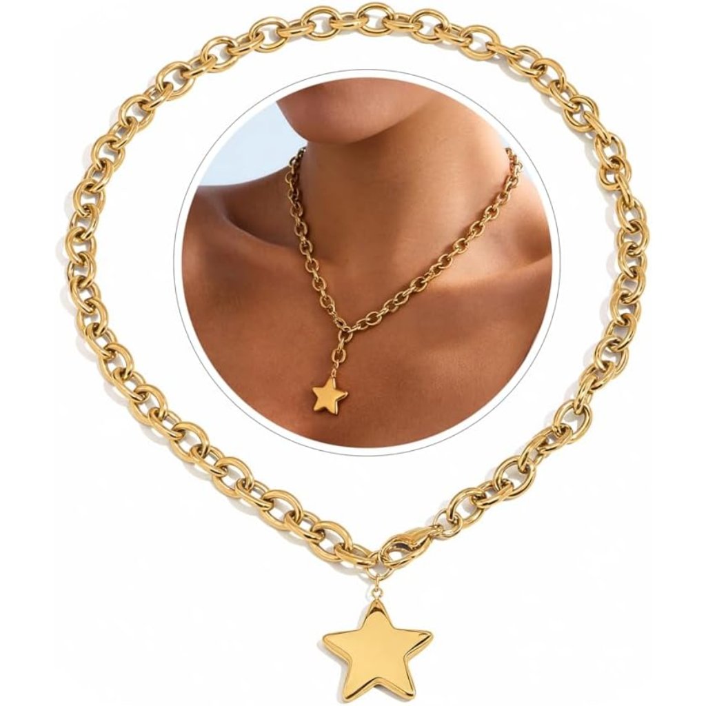 Chunky Gold Necklace With Star Pendant For Women,18k Gold Plated Stainless Steel